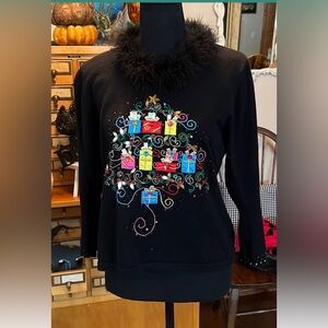 Jack B Quick Holiday sweater Sz Med
Black feather collar ornate festive